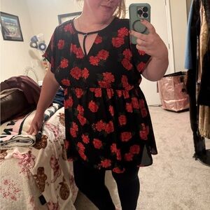 Torrid Black and Red Floral Blouse